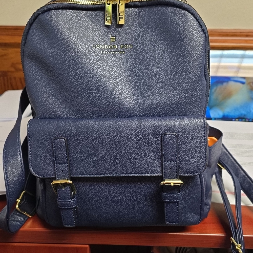 NWT London Fog Blue and Gold Backpack with Modern Design
